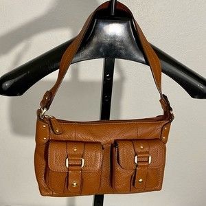 Fossil Buckingham Cognac Leather Shoulder Bag with Saddle-Strap Pockets